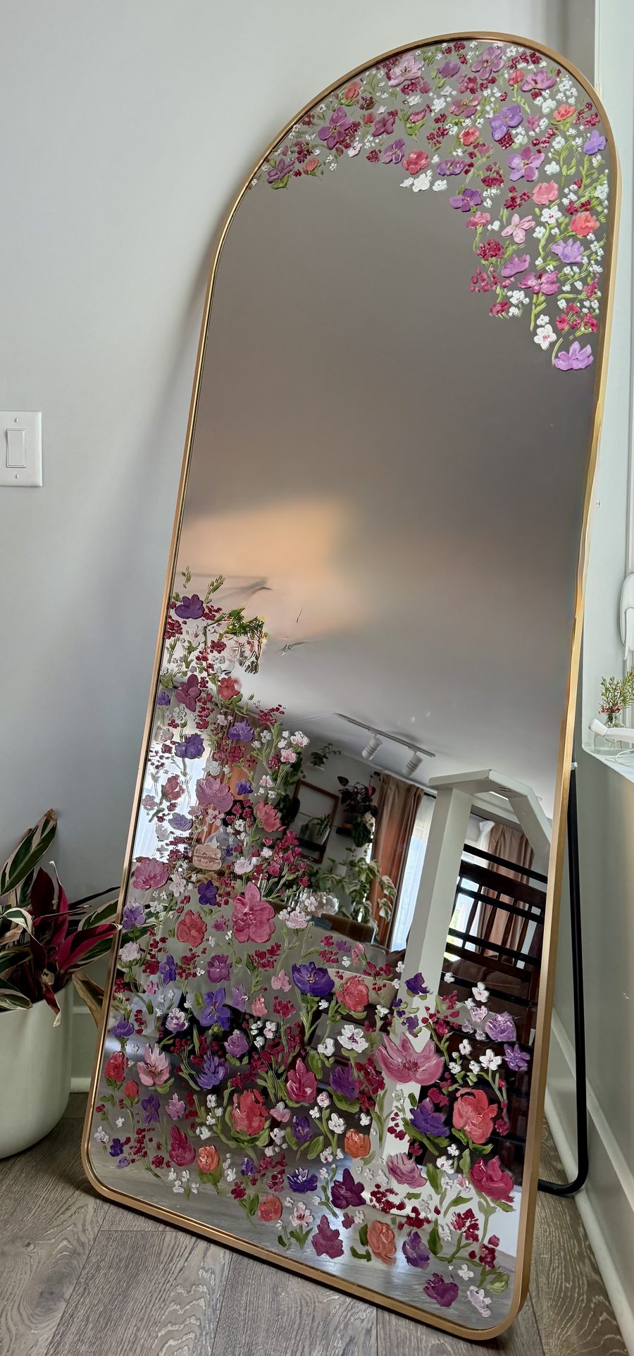 Arched floor mirror hand-painted with pink, purple and white florals, made for a bridal shower