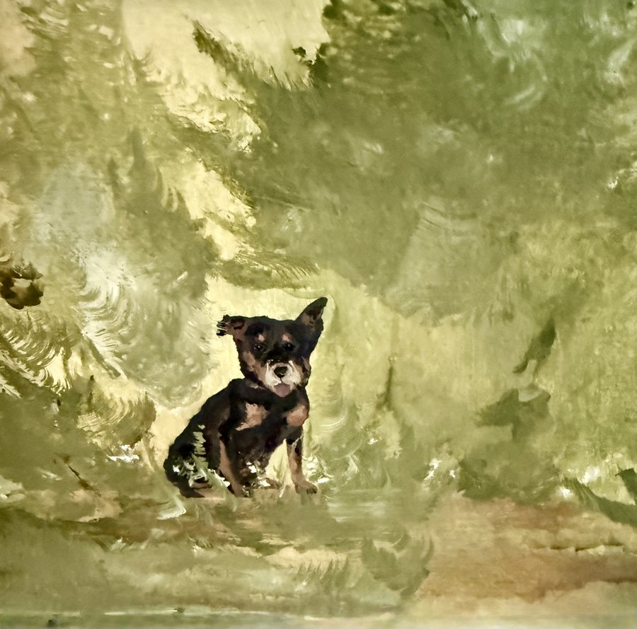 Close detail of a black and tan terrier painted among the painted pines of the nursery mural